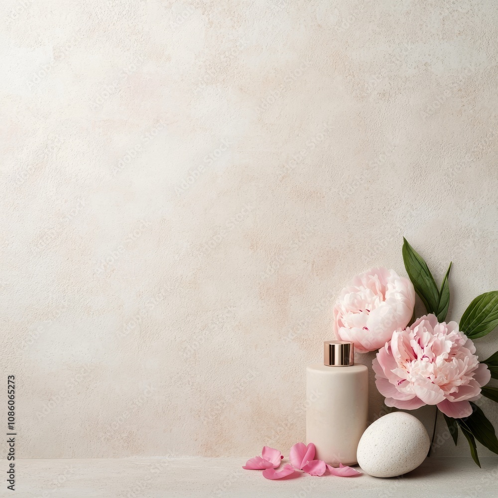 Pink peonies and a white stone on a minimalist surface with a soft backdrop Pink peonies and a white stone on a minimalist surface with a soft backdrop