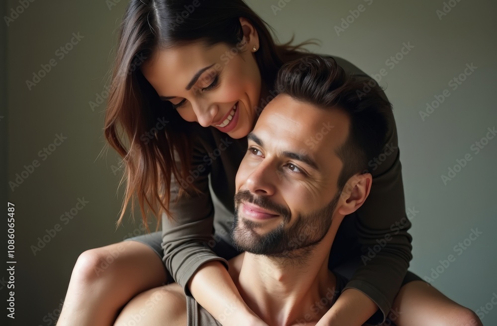 Obraz premium A joyful couple shares a tender moment together in a cozy indoor setting during a tranquil afternoon at home