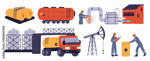 Oil industry workers. Cartoon oilmen in workwears. Gas pipes. Industrial containers or barrels. Petroleum engineers. Gasoline logistics. Refinery plant. Truck cistern. Garish vector set