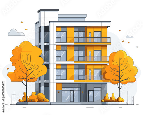 Tall building with a lot of windows and a balcony. The building is surrounded by trees and has a lot of glass
