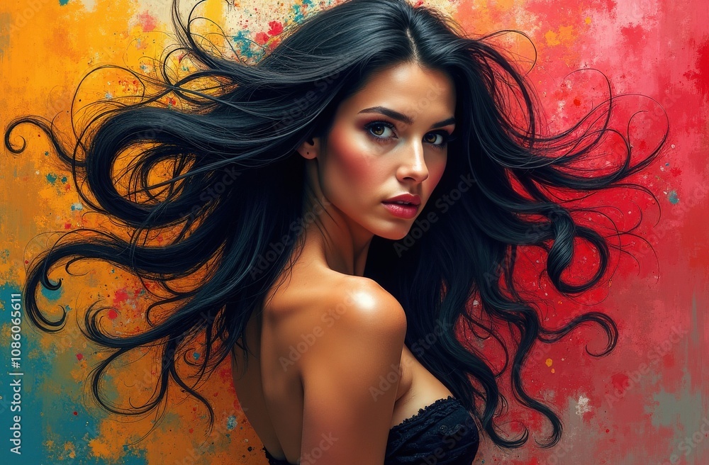 A striking woman with flowing black hair gazes back against a vibrant, abstract background of red and orange hues in a creative portrait A striking woman with flowing black hair gazes back against a vibrant, abstract background of red and orange hues in a creative portrait
