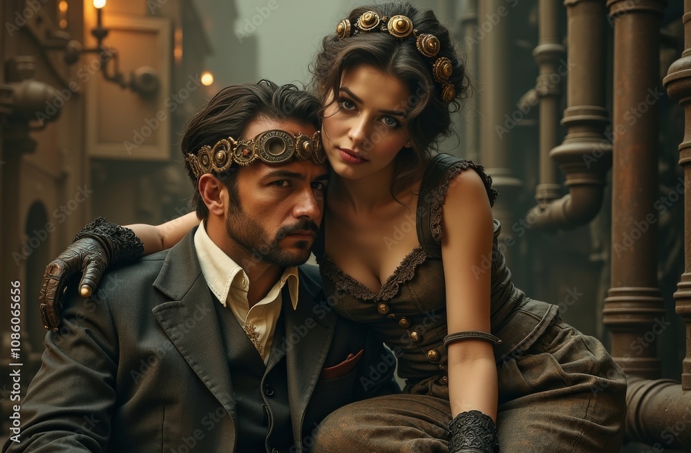 A mysterious couple adorned in steampunk attire shares an intimate moment amidst a vintage industrial backdrop in a dimly lit setting A mysterious couple adorned in steampunk attire shares an intimate moment amidst a vintage industrial backdrop in a dimly lit setting