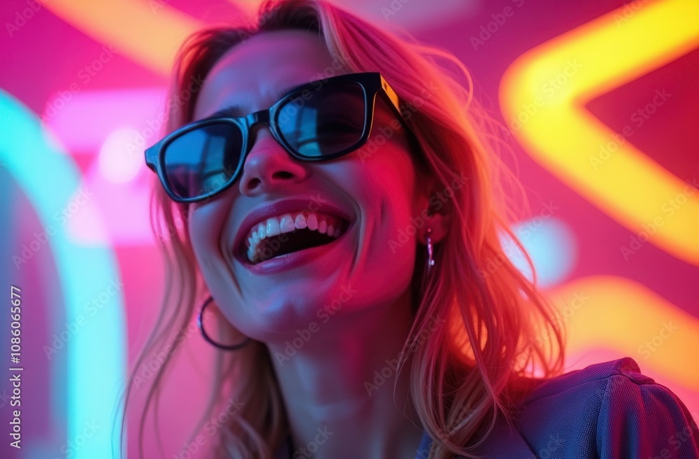 Joyful woman with sunglasses smiles brightly under colorful neon lights in a lively setting during an evening gathering Joyful woman with sunglasses smiles brightly under colorful neon lights in a lively setting during an evening gathering
