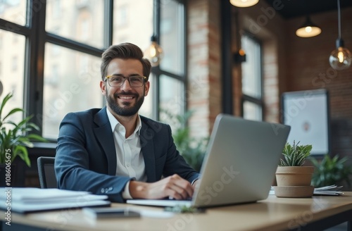 A professional smiling man working at his desk in an inviting modern office filled with plants during the afternoon light