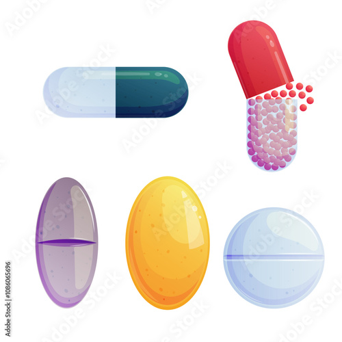 Various capsules and tablets in the set. Vector illustration