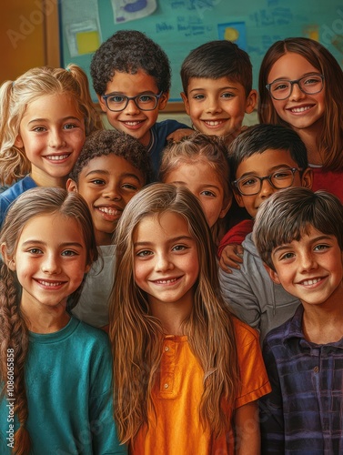 Happy diverse junior school students children group looking at camera standing in classroom. Smiling multiethnic cool kids boys and girls friends posing for group portrait together.