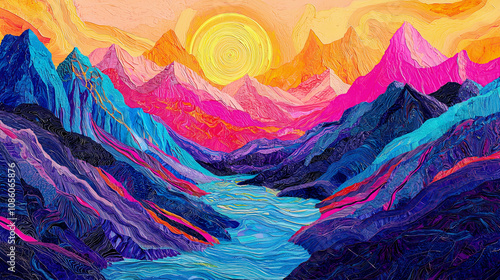 Psychedelic vibrant landscape with bold mountains and a river, intricate textures, ultra-realistic