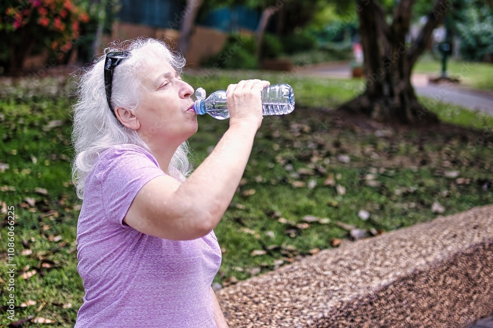 Gray-haired elderly lady drinks water from a bottle in the park. Gray-haired elderly lady drinks water from a bottle in the park.
