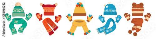 Knitted sets with mittens. Warm kids clothes and accessories. Woolen hats and scarves. Cold season. Winter clothing. Autumn wears. Gloves pairs. Arm soft wooly mitts. Splendid vector set