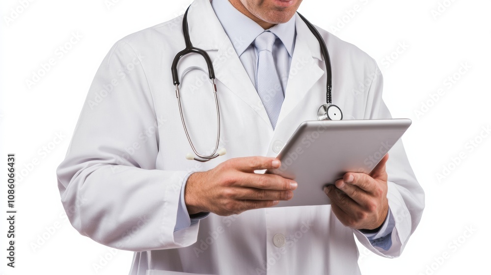 A doctor wearing a white coat and stethoscope examines a tablet, likely reviewing important health data for a patient. Generative AI A doctor wearing a white coat and stethoscope examines a tablet, likely reviewing important health data for a patient. Generative AI