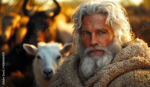 Noah old man character of the bible with a lot of animals around him photo