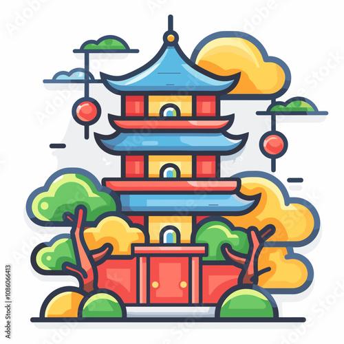 Colorful vector illustration of Chinese temple in flat design style.