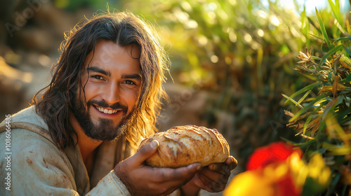 Young Jesus Christ smiling with a bread in his hands and sharing it