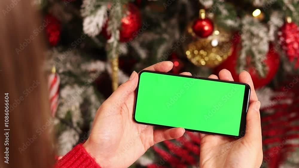 Green screen phone in a female hand. Gadget on the background of Christmas tree. Close-up of a female hand and a smartphone with a green screen, New Year. Modern mobile phone. Mockup. Technology Green screen phone in a female hand. Gadget on the background of Christmas tree. Close-up of a female hand and a smartphone with a green screen, New Year. Modern mobile phone. Mockup. Technology