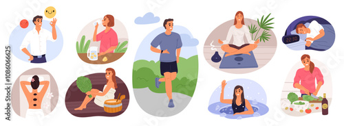 Healthy lifestyle. Mental health. Physical activity. People doing sport exercises. Fresh food. Timely rest and body care. Correct regime. Yoga meditation. Spa massage. Garish vector set