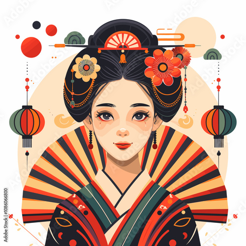 Beautiful Asian woman in traditional geisha costume. Vector illustration