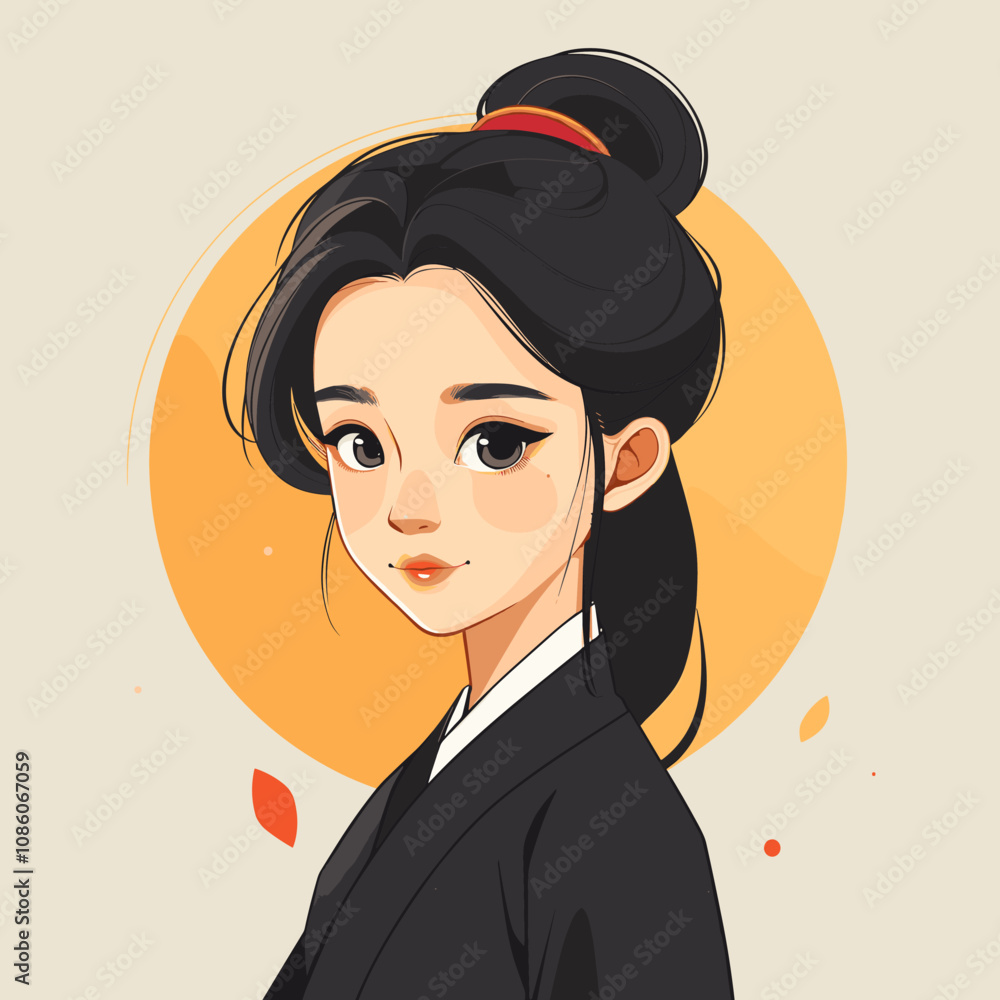Portrait of beautiful Asian woman in black suit. Vector illustration. Portrait of beautiful Asian woman in black suit. Vector illustration.