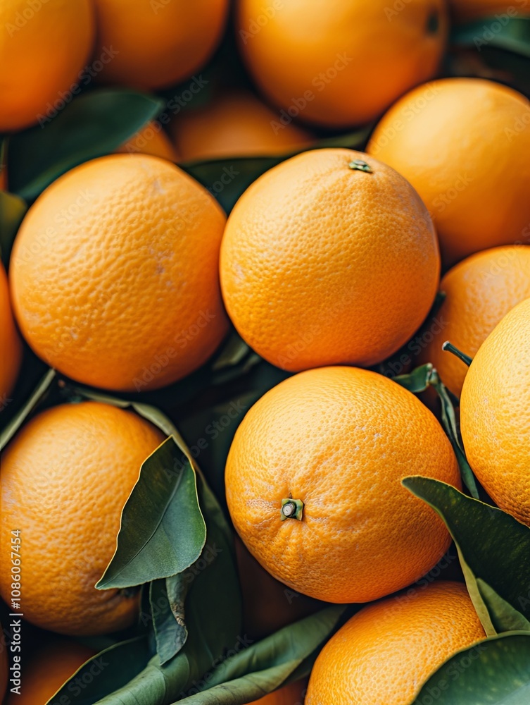 Closeup of Ripe Oranges with Green Leaves - Fresh Citrus Harvest