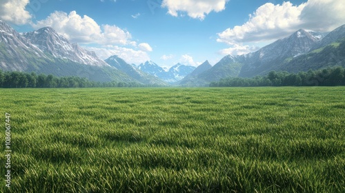 Large field in a valley between two mountain ranges.