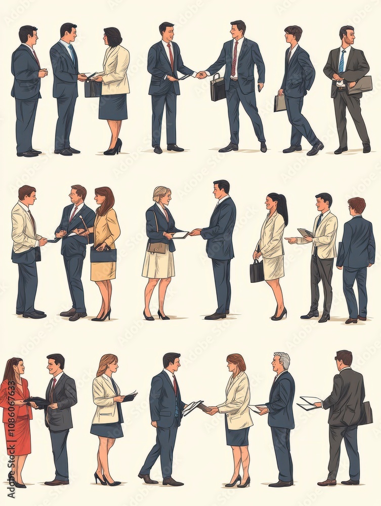 Obraz premium Linear vector illustration set of negotiating business people. Diverse men and women at business meetings, conclude an agreement, agree on cooperation, negotiate, shake hands, sell goods and services