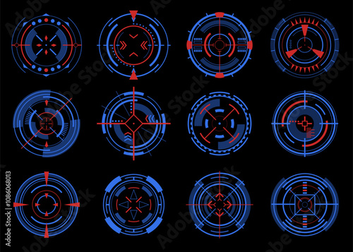 Futuristic game targets. HUD sniper aims. Accuracy signs. Military simulator. Radar locations. Camera viewfinder. Bullseye crosshair. Focus range Sci-Fi interface. Vector UI elements set