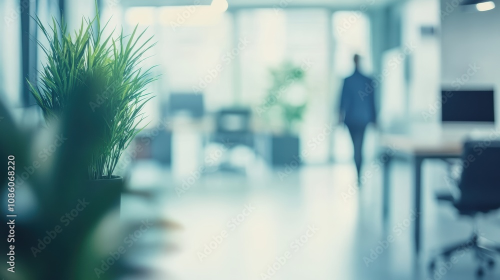 Modern office space with blurred figures and casual work environment Modern office space with blurred figures and casual work environment