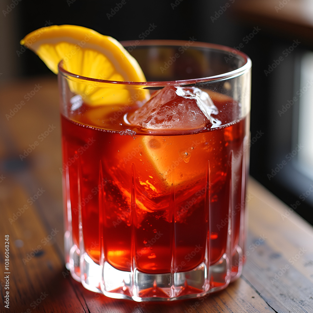 Delicious Negroni cocktail with ice and lemon slice on wooden table, copy space Delicious Negroni cocktail with ice and lemon slice on wooden table, copy space
