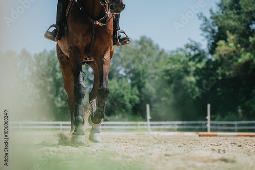 Fototapeta Captivating close-up of a horse's legs kicking up sand during equestrian trainin