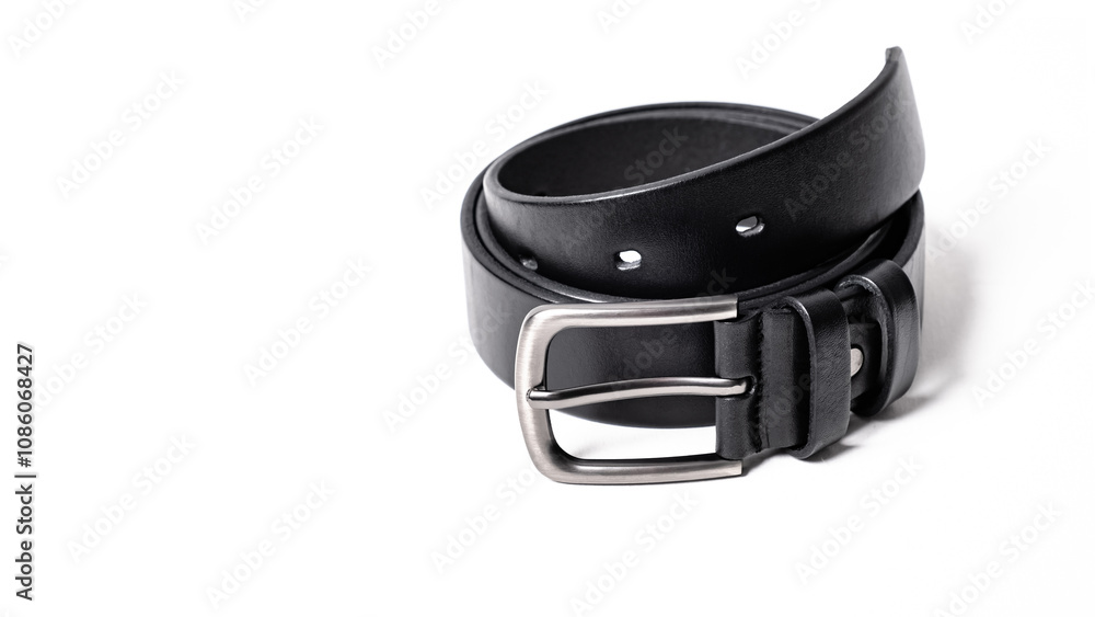 Obraz premium Twisted black leather belt with matted metal buckle isolated on white background. Fastened fashionable unisex, man or woman accessory for trousers, jeans, dress. Male luxury strap. Haberdashery goods