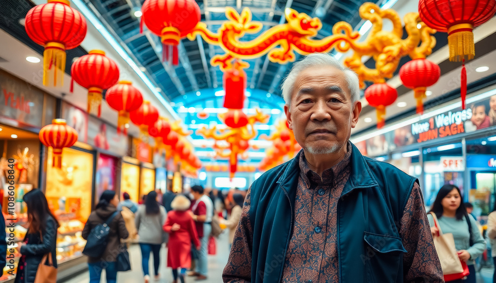 Obraz premium Elderly mature man in stylish clothes with festive mood among decorated modern shopping mall in honor of Chinese New Year. Preparing and buying gifts for the holiday.