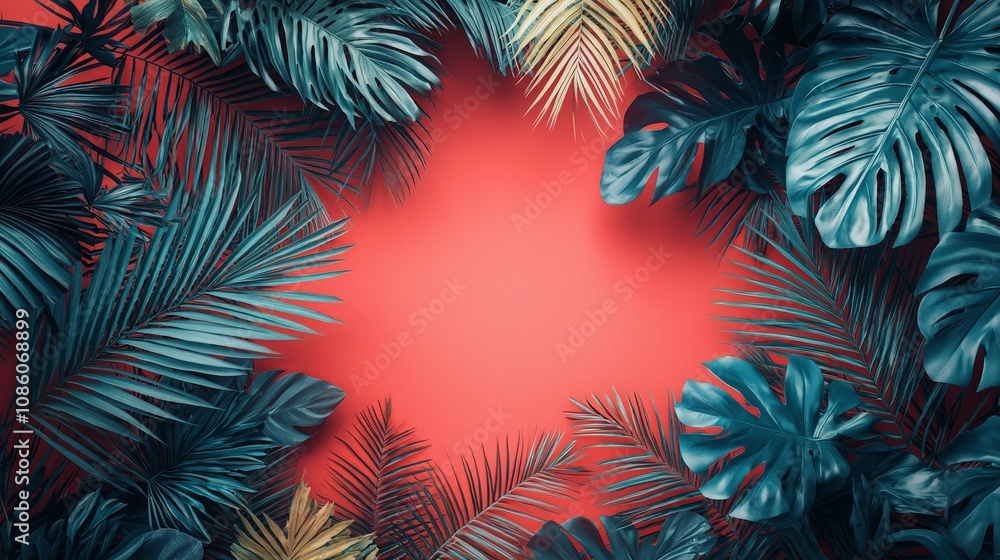 A vibrant tropical foliage frame surrounding a coral backdrop. A vibrant tropical foliage frame surrounding a coral backdrop.