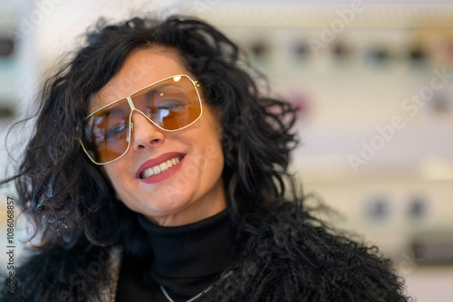 Bella donna con capelli neri e occhiali