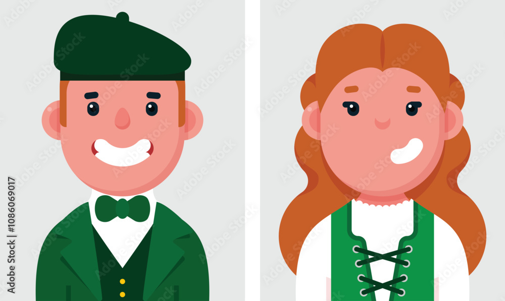 Set of flat portraits of irlandais people. Collection of colored cartoon characters woman and man wearing Traditional dress of Ireland, profile picture, vector illustration. Set of flat portraits of irlandais people. Collection of colored cartoon characters woman and man wearing Traditional dress of Ireland, profile picture, vector illustration.
