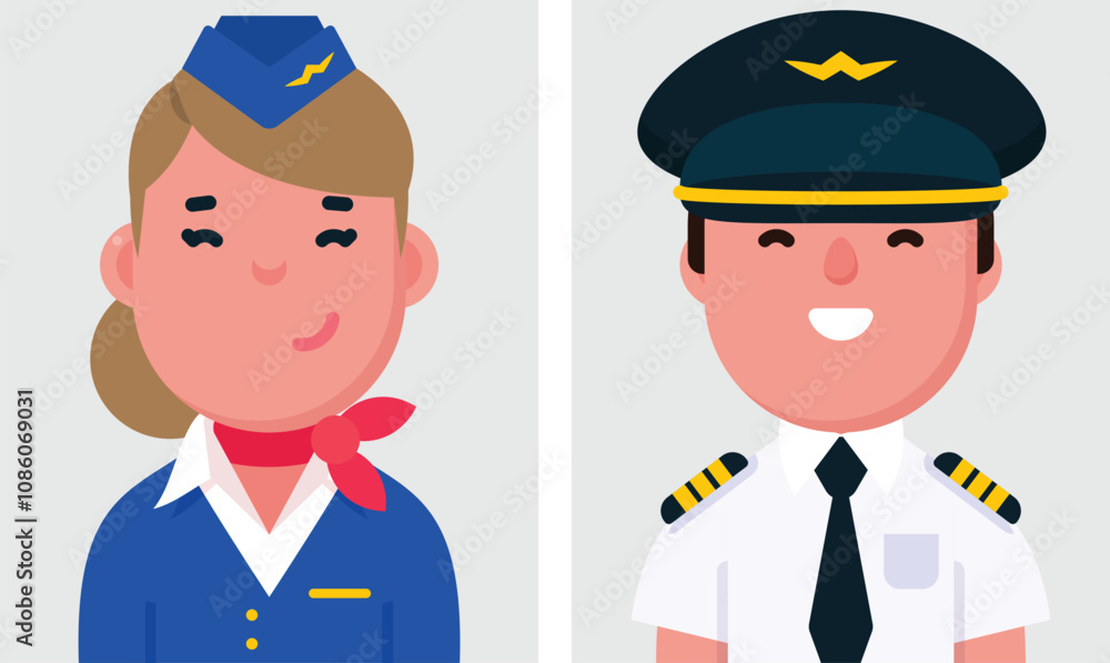 Set of flat portraits of Pilot and flight attendant. Collection of colored cartoon characters woman and man, profile picture, vector illustration. Set of flat portraits of Pilot and flight attendant. Collection of colored cartoon characters woman and man, profile picture, vector illustration.