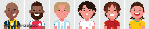 Set of flat portraits of football team. Collection of colored cartoon characters sport athlete soccer man, profiles picture, vector illustration.