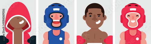 Set of flat portraits of boxing man. Collection of colored cartoon characters sport athlete man, profiles picture, vector illustration.