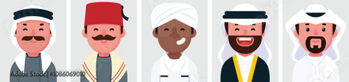 Set of flat portraits of muslim arabic people. Collection of colored cartoon characters arab men, profile picture, Sudanese, Syrian, Palestinian, Saudi, Emirati, vector illustration.