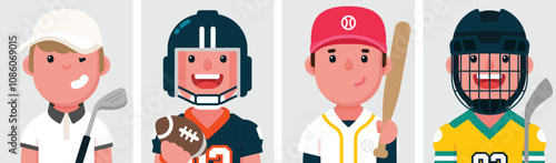 Set of flat portraits of sport men. Collection of colored cartoon characters athlete men, profiles picture, Golf, American Football, Baseball, Hockey, vector illustration.