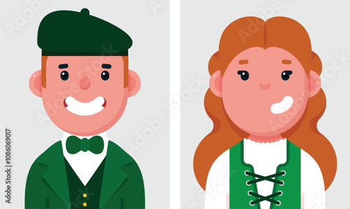 Set of flat portraits of irlandais people. Collection of colored cartoon characters woman and man wearing Traditional dress of Ireland, profile picture, vector illustration. photo