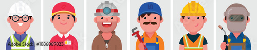 Set of flat portraits of Professions people. Collection of colored cartoon male characters, Engineer, Post Boy, Miner, Plumber, Mason, Welder, vector illustration.