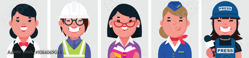 Set of flat portraits of Women's professions. Collection of colored cartoon characters women, profiles picture, Flight Attendant, Waitress, Engineer, Teacher, News Reporter, vector illustration.