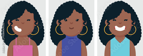 Set of flat portraits of happy black woman with Curly hair. Collection of colored cartoon character elegant girl in different poses and outfits, profiles pictures, vector illustration.