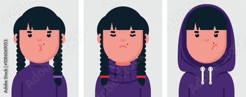 Set of flat portraits of bad depressing woman. Collection of colored cartoon character sad girl in different poses and outfits, profiles pictures, vector illustration.