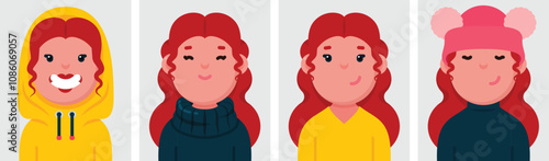 Set of flat portraits of happy smiling woman with red hair wearing pom-pom beanie. Collection of colored cartoon character girl  in different poses and outfits, profiles pictures, vector illustration.