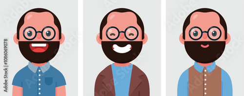Set of flat portraits of smart happy man wearing glasses. Collection of colored cartoon character poor eyesight man in different poses and outfits, profiles pictures, vector illustration.
