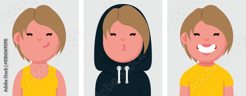 Set of flat portraits of happy blond woman wearing Hoodie. Collection of colored cartoon character woman in different poses and outfits, profiles pictures, vector illustration.