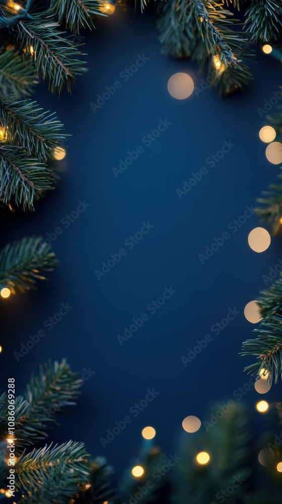 Minimalist pine garland with bokeh lights on navy blue background Minimalist pine garland with bokeh lights on navy blue background