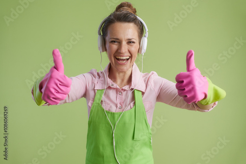 happy modern woman showing thumbs up on green background