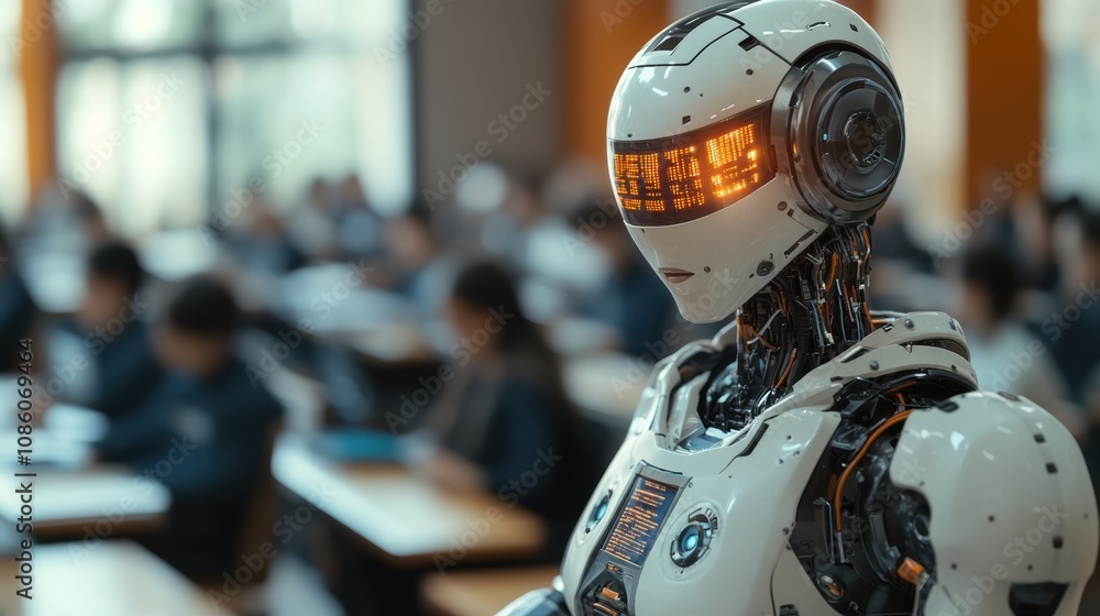 Fototapeta premium Humanoid robot teacher in hightech college classroom setting