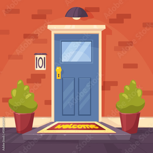 Entry with door mat. Front part of house. Welcome carpet for shoes. Home elements. Plants in outdoor pots. Masonry facade. Apartment doorway. Building porch entrance. Recent vector concept